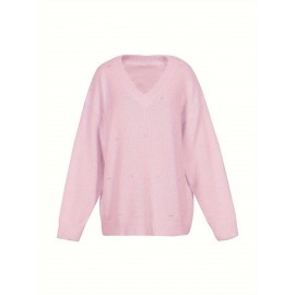 Plus Size - Women'S Asymmetrical V-Neck Geometric Sweater - Soft Pastel Winter Pullover with Trim, Cozy Casual Sweater for Everyday & Semi-Formal Outfits, Relaxed Fit Layering Piece, Easy-Care Durable Design